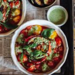 Roast pepper and aubergine stack with pesto and roast cherry tomatoes