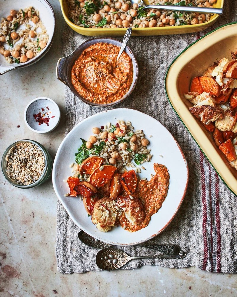 roast-squash-and-cauliflower-herby-chickpea-rice-with-red-pesto-and-toasted-seeds 1