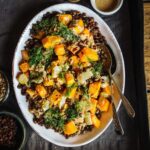 Roast squash, fennel & puy lentils with miso tahini dressing
