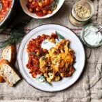 Rose harissa chickpeas with roast cauliflower and dill yogurt