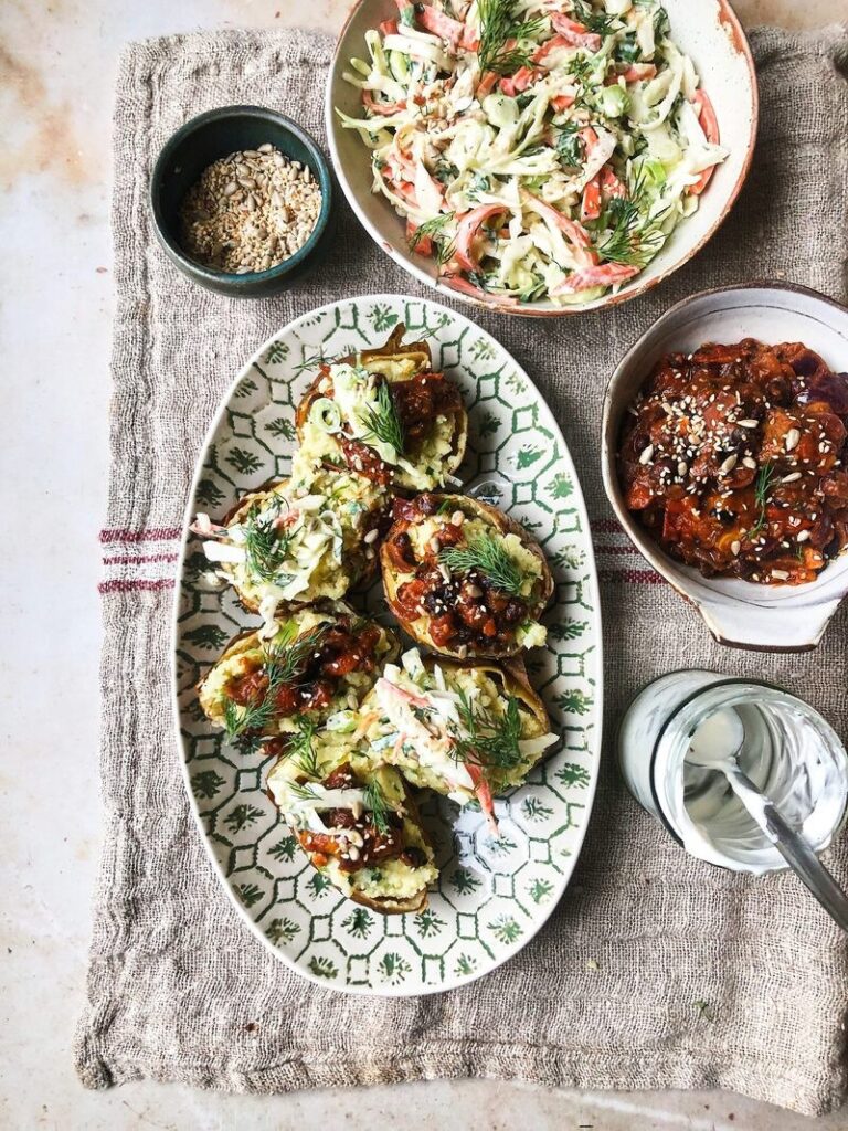 Savoury baked potatoes with smoky beans & creamy slaw