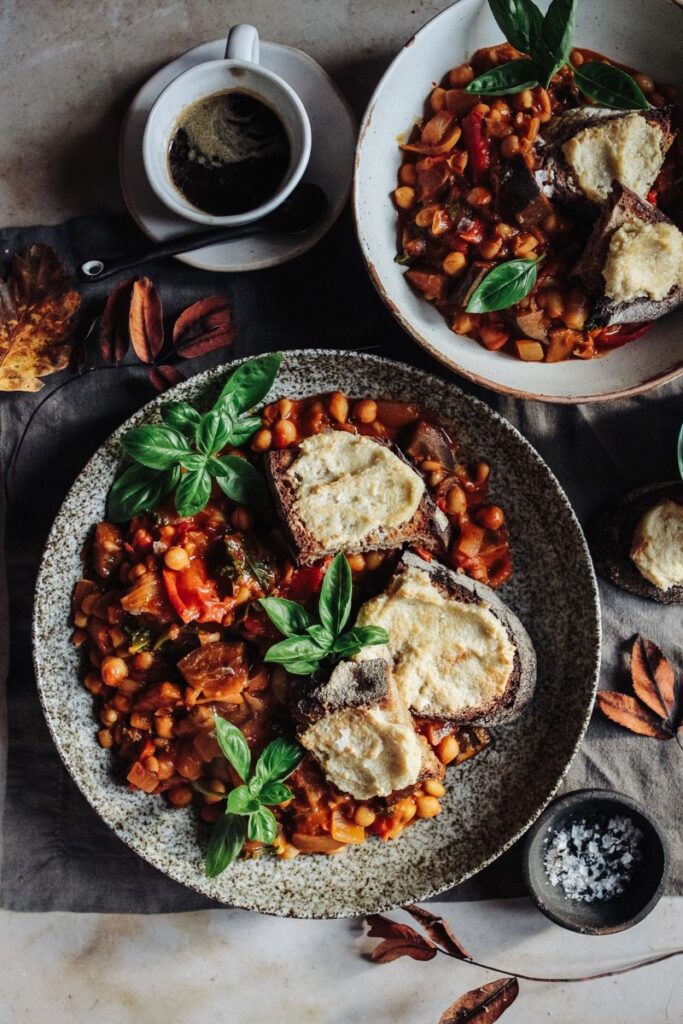 Smoky beans with aubergine & 'cheesy' toasts