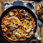 Smoky lentils with harissa roast cauliflower & aubergine