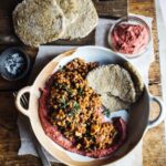 Smoky puy lentils, beetroot hummus and quinoa flatbread