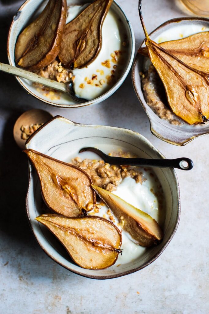 Spiced almond porridge with caramelised pears