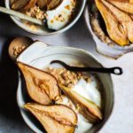 Spiced almond porridge with caramelised pears