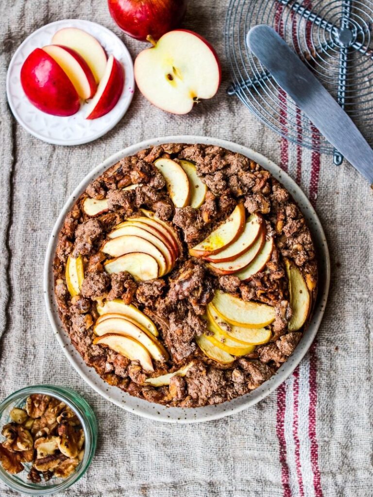 Spiced apple and california walnut cake with crispy crumb topping