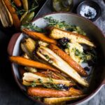 Spiced maple roast carrots & parsnips, mustard polenta mash and caramelised onions