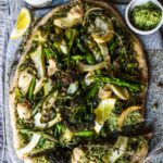 Spring green pizza with kale pesto and purple sprouting broccoli