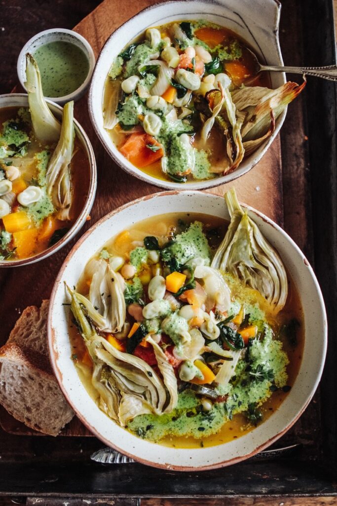 Spring veg stew with pesto & roast fennel