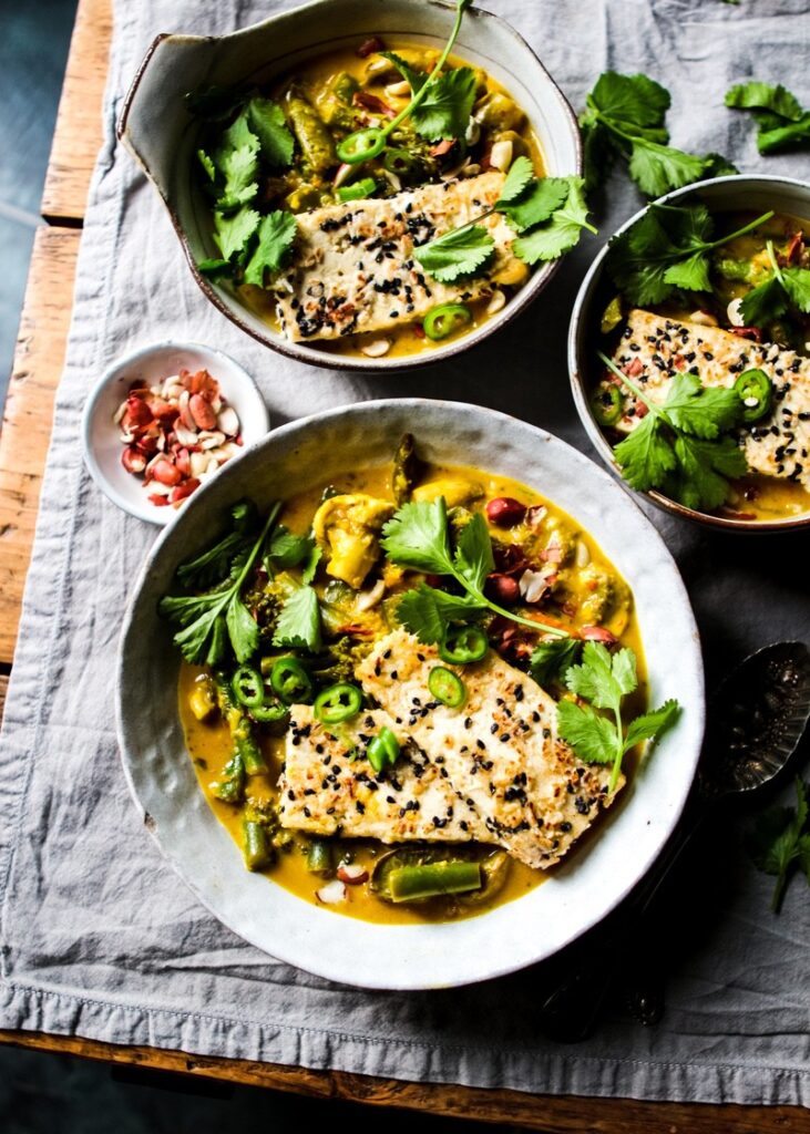 Vegetable coconut curry with coconut crusted tofu