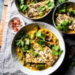 Vegetable coconut curry with coconut crusted tofu
