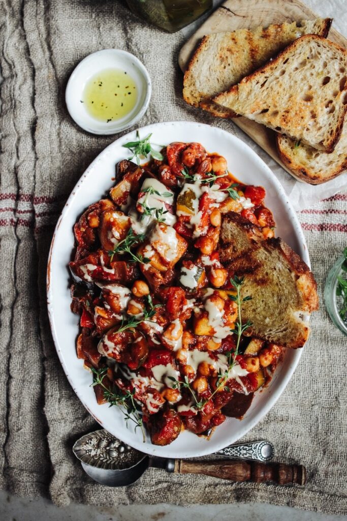 Veggie ratatouille with chickpeas and pan griddled bread