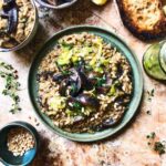 Caramelised leek and mushroom risotto with toasted pine nuts