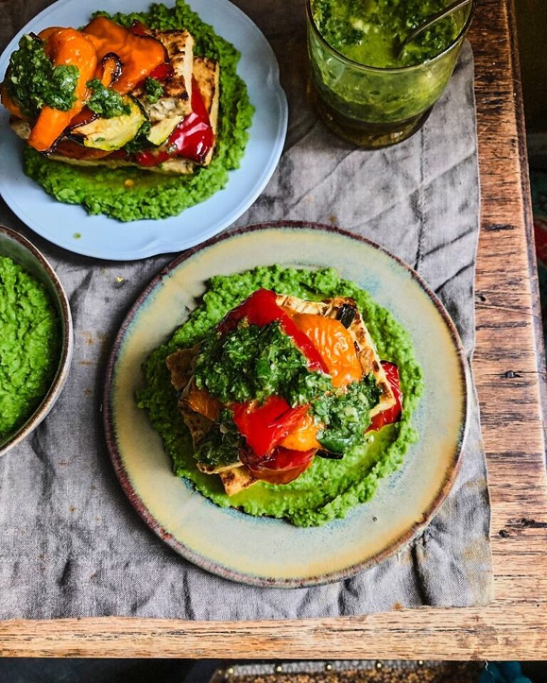 Crispy Tofu and Veg Stacks with Pea Puree and Lemon Herb Sauce