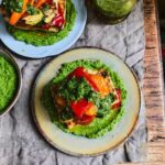 Crispy tofu and veg stacks with pea puree and lemon herb sauce