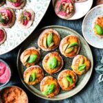 Festive blinis – mini pizzas and beetroot dip and dill