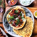 Mushroom souvlaki with tzatziki and za'atar flatbread