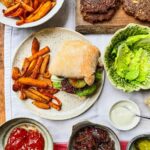 Mushroom tofu burgers with caramelised onions and root fries