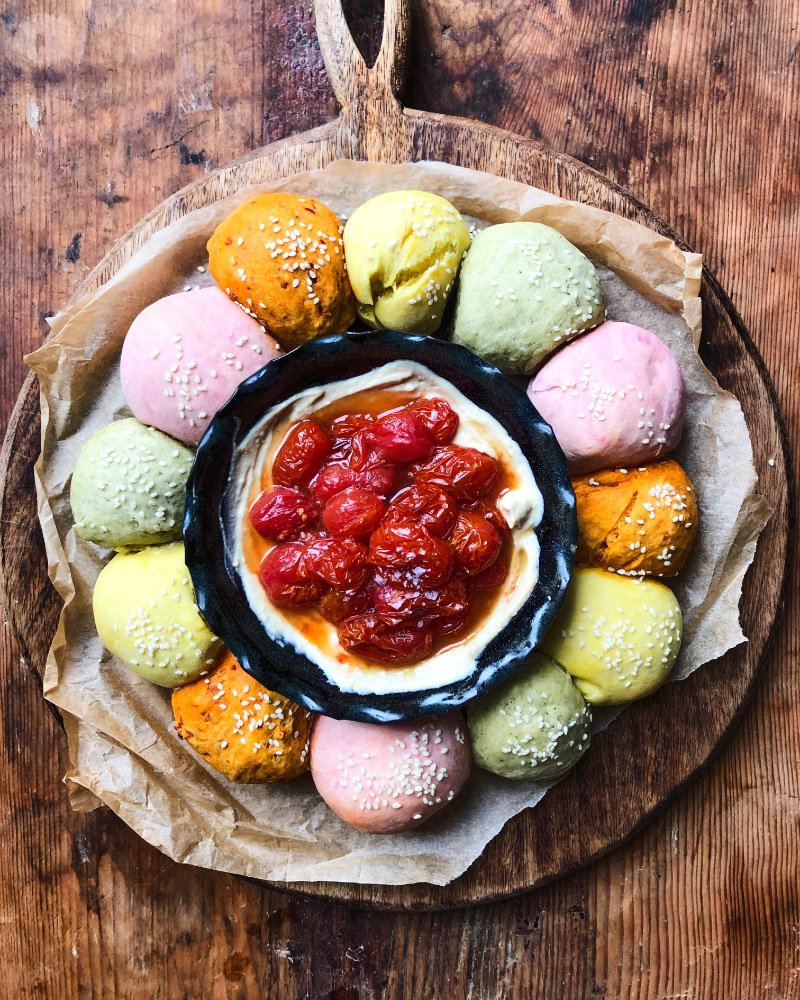 rainbow-dough-balls-with-hummus-and-juicy-roast-tomatoes 1