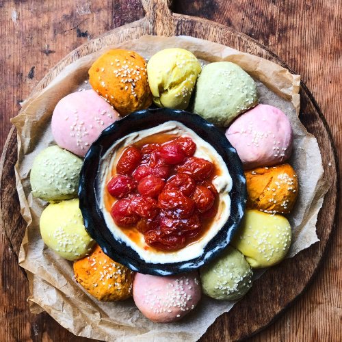 rainbow-dough-balls-with-hummus-and-juicy-roast-tomatoes 1a