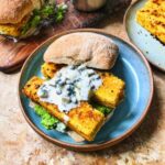 Tofu finger sandwich with minty peas and tartar sauce