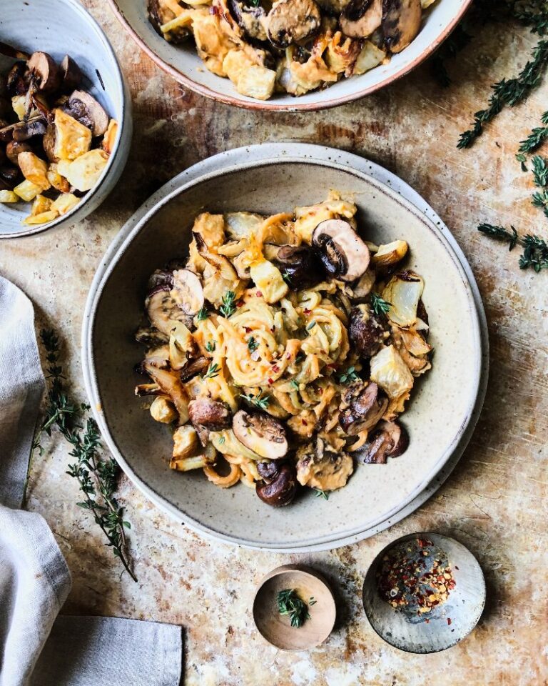 Creamy Celeriac, Roast Garlic and Mushroom Carbonara