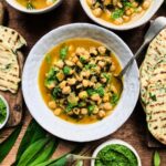 Wild garlic chickpea stew with pesto and wild garlic flatbreads