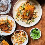 Crispy tofu with a sesame coating and peanut salad