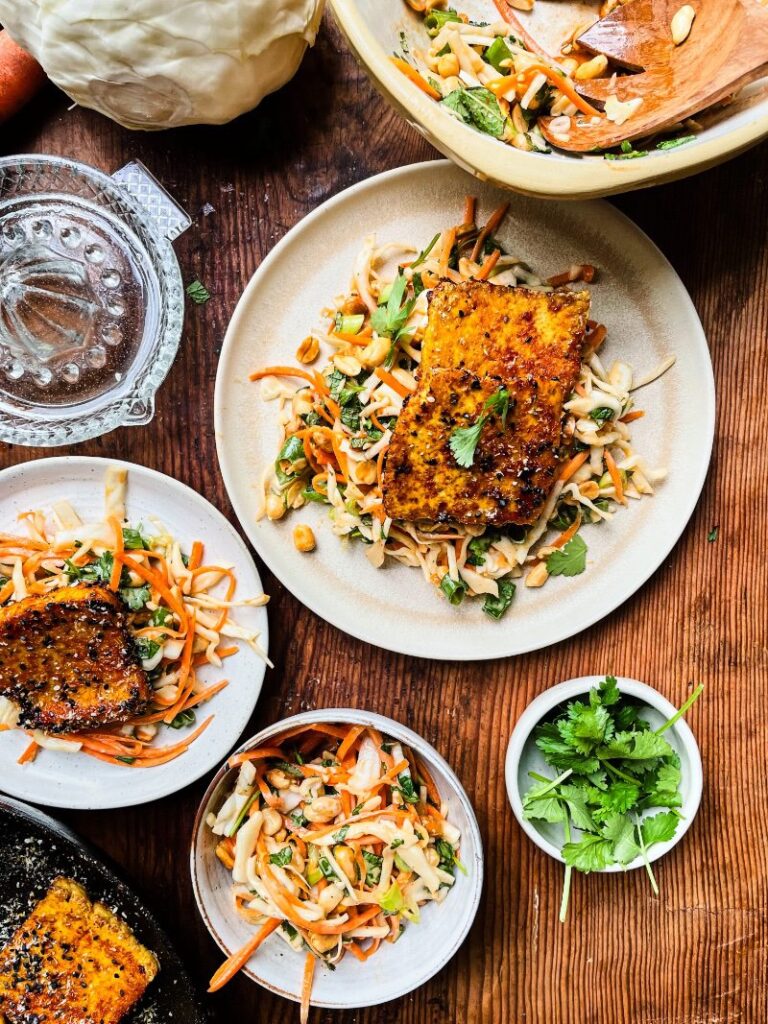 Crispy tofu with a sesame coating and peanut salad