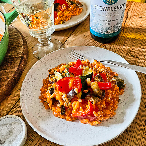 Enjoy a spring tomato & roast veg risotto with stoneleigh sauvignon blanc